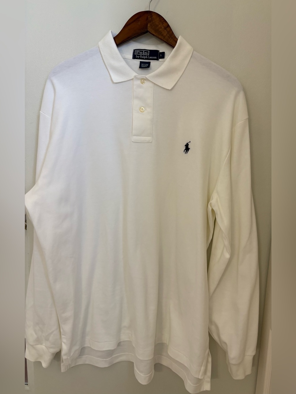 Vintage Polo Ralph Lauren Cream/Off White Long-Sleeve Polo with Navy Pony Sz: L